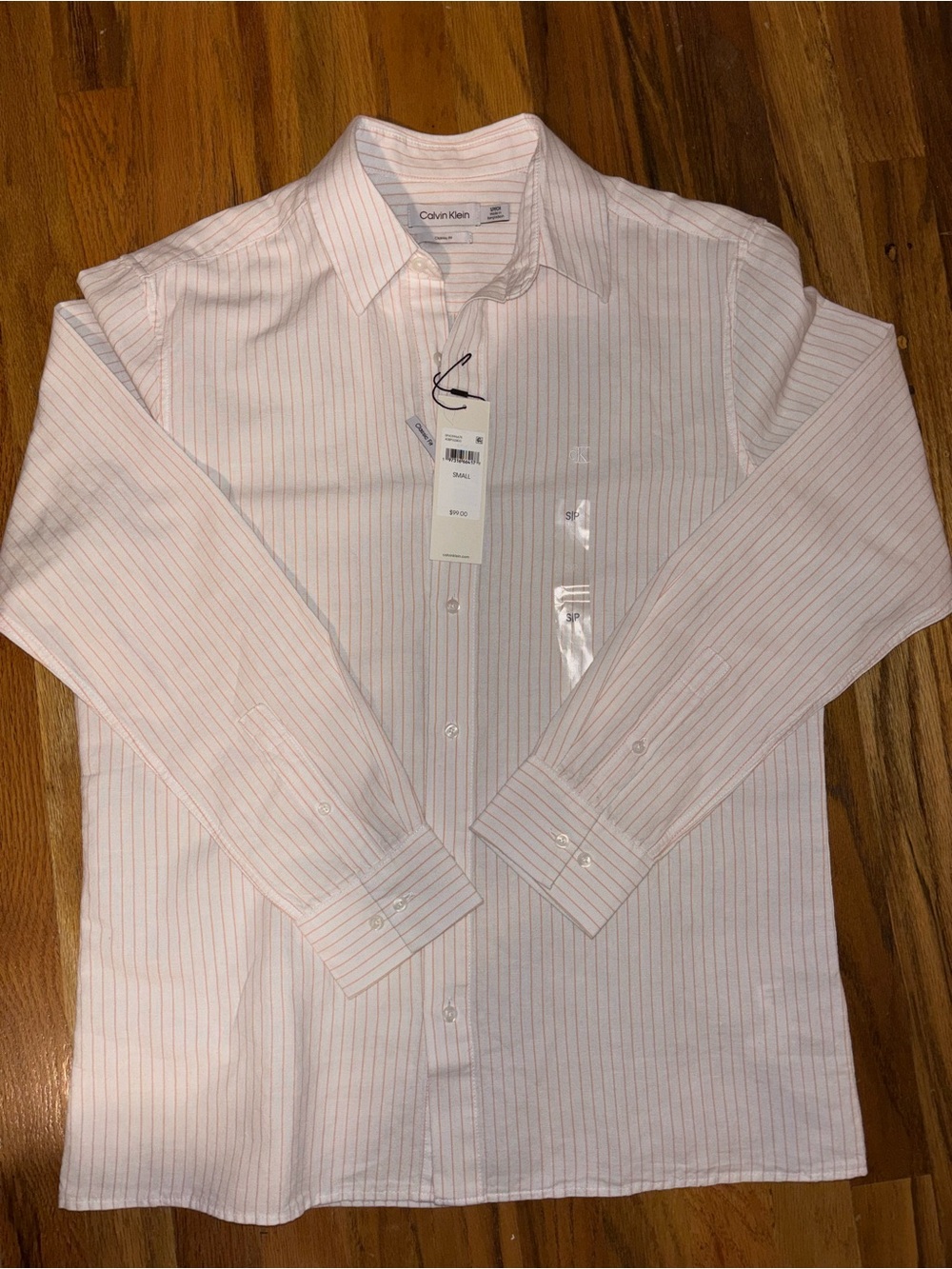 Calvin Klein Men’s White and Orange Striped Dress Shirt